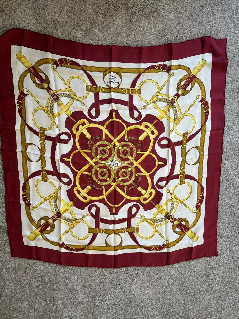 Hermes Silk Scarf in Burgundy, White and GoldAuthentic HERMES Scarf 